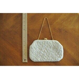 VTG OffWhite Beaded Clutch Purse Evening Bag Seed Pearls Sequins Hong Kong